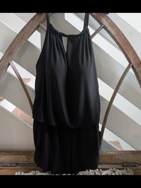 Black 1 Piece Halter Swimsuit With Built In Bottoms & Skirt